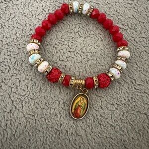 Red Beaded Bracelet with Religious Charm